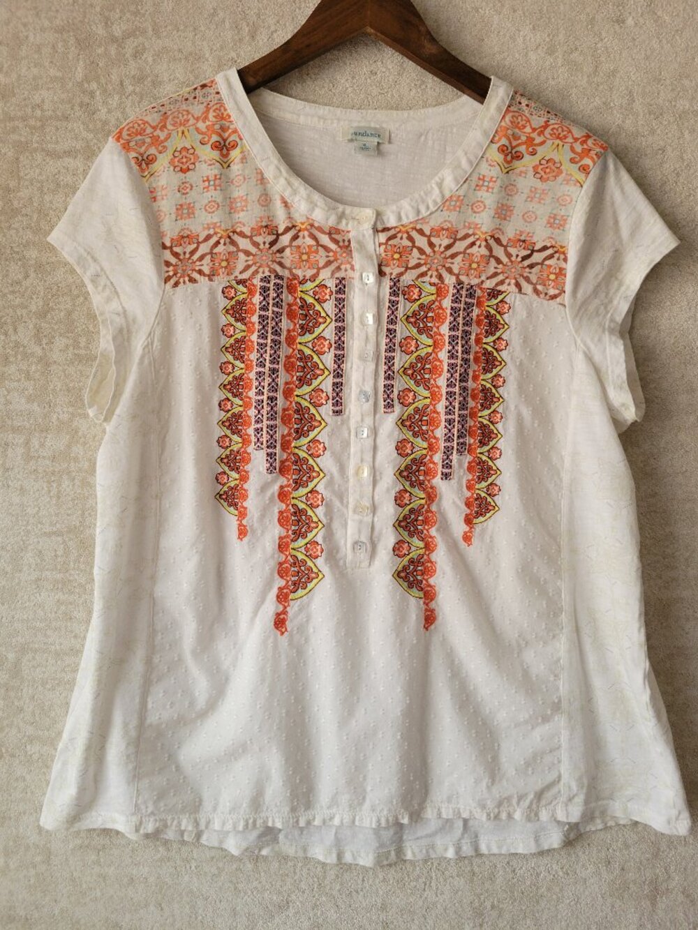 Sundance Temple of the Sun Embroidered Boho Top White Swiss Dot XL Boho Earthy